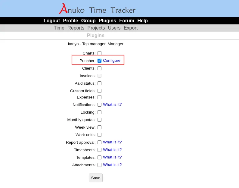 Anuko Time Tracker Plugins page showing Puncher enabled with Configure link highlighted