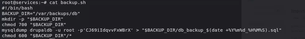 backup.sh showing mysqldump command with hardcoded root MySQL credentials