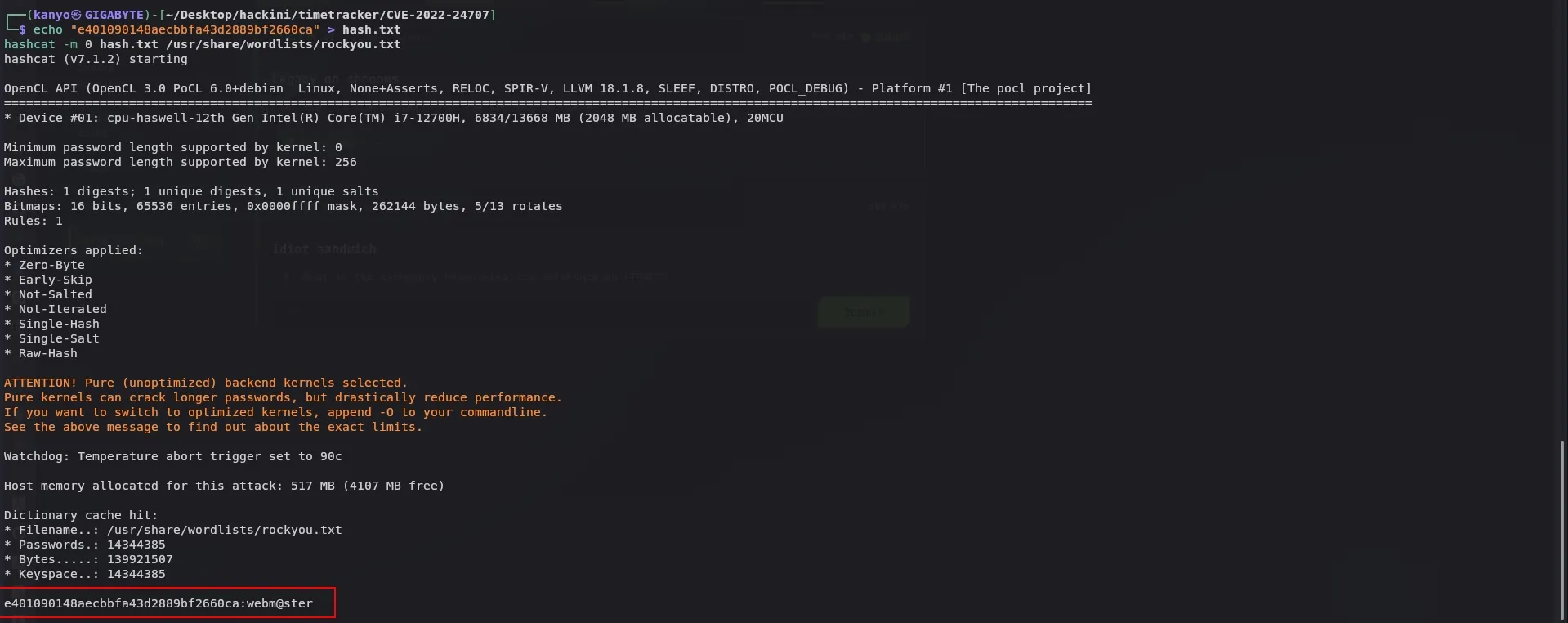 hashcat cracking the MD5 hash from the Anuko SQLi dump, result: webm@ster