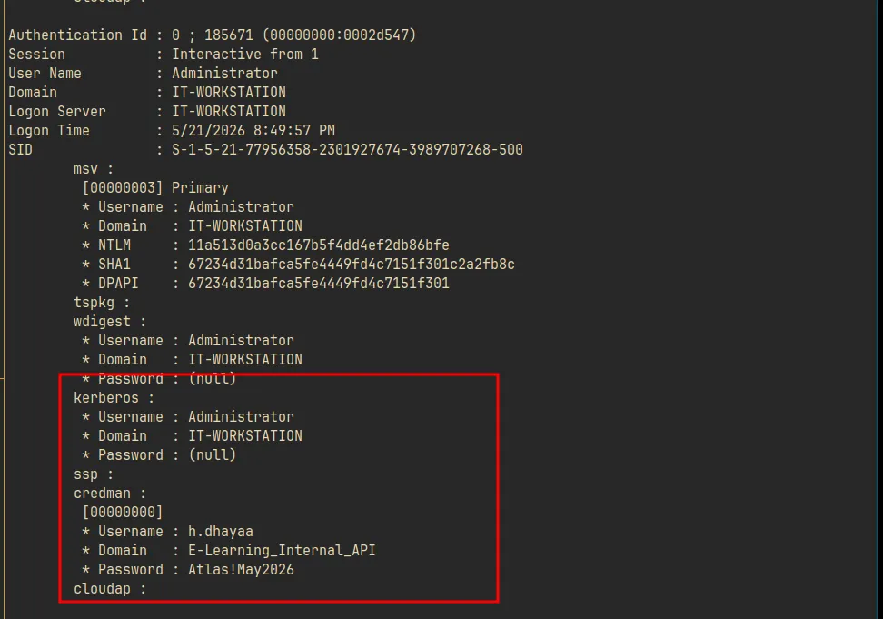 Mimikatz output showing Administrator NTLM hash and credman entry for h.dhayaa with cleartext password Atlas!May2026