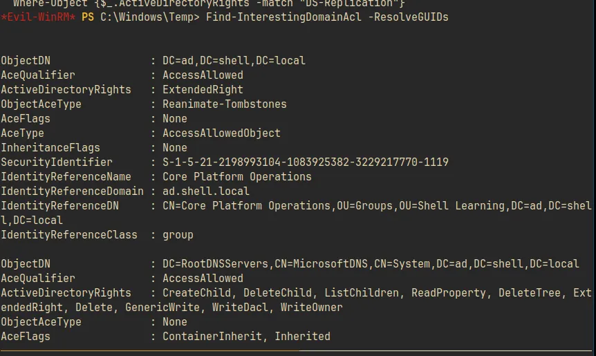 Find-InterestingDomainAcl output showing Reanimate-Tombstones ExtendedRight on DC=ad,DC=shell,DC=local granted to Core Platform Operations
