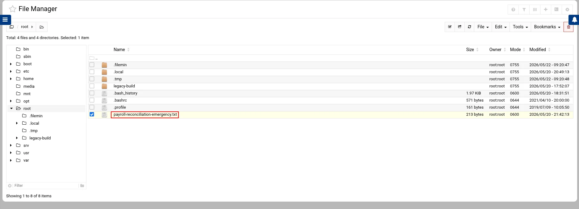Webmin File Manager browsing root's home directory with payroll-reconciliation-emergency.txt selected