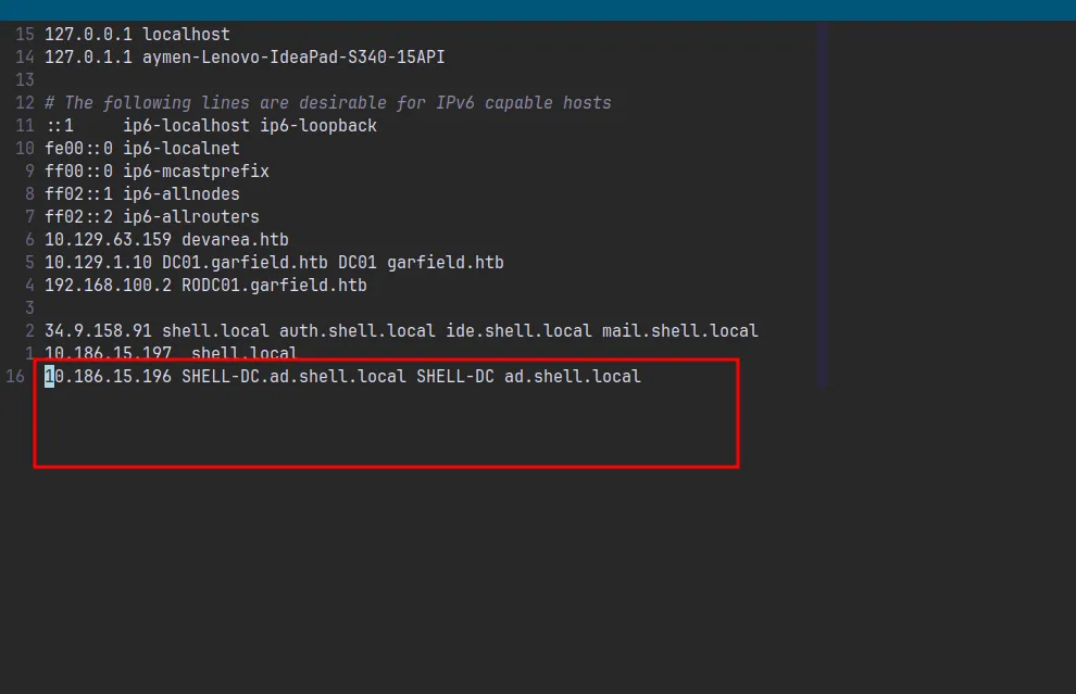 /etc/hosts showing 10.186.15.196 SHELL-DC.ad.shell.local entry highlighted