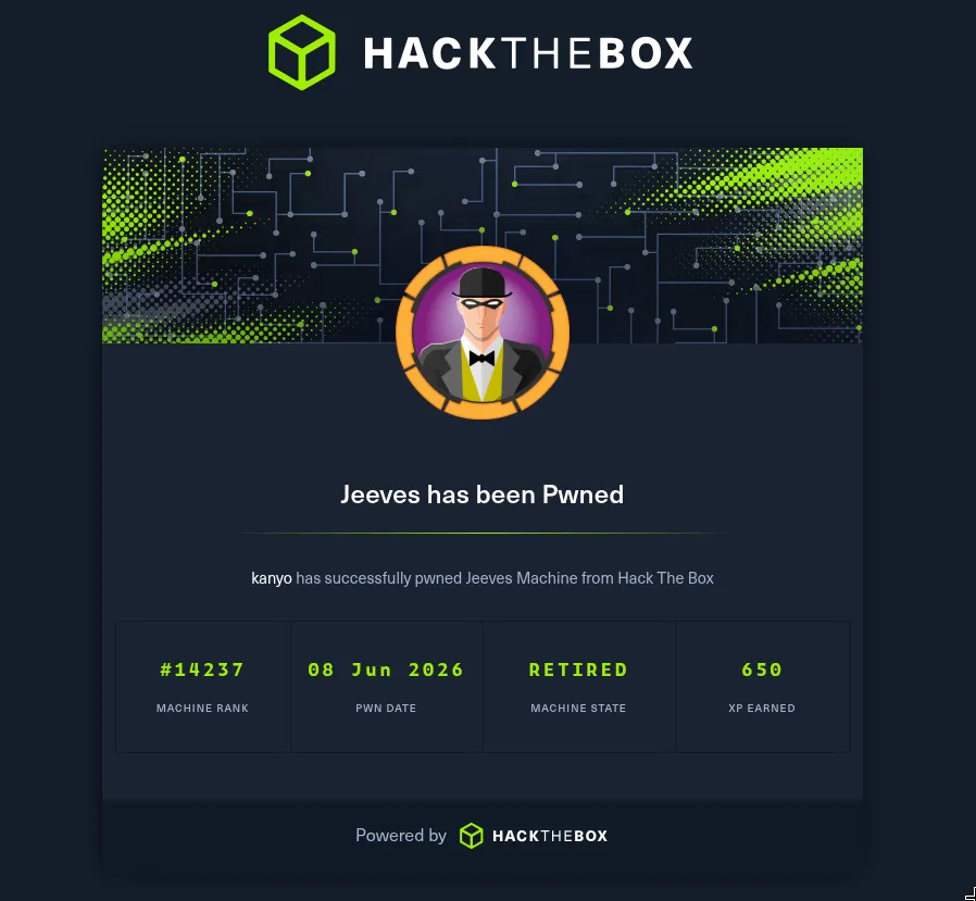 HTB Jeeves has been Pwned by kanyo on 08 Jun 2026