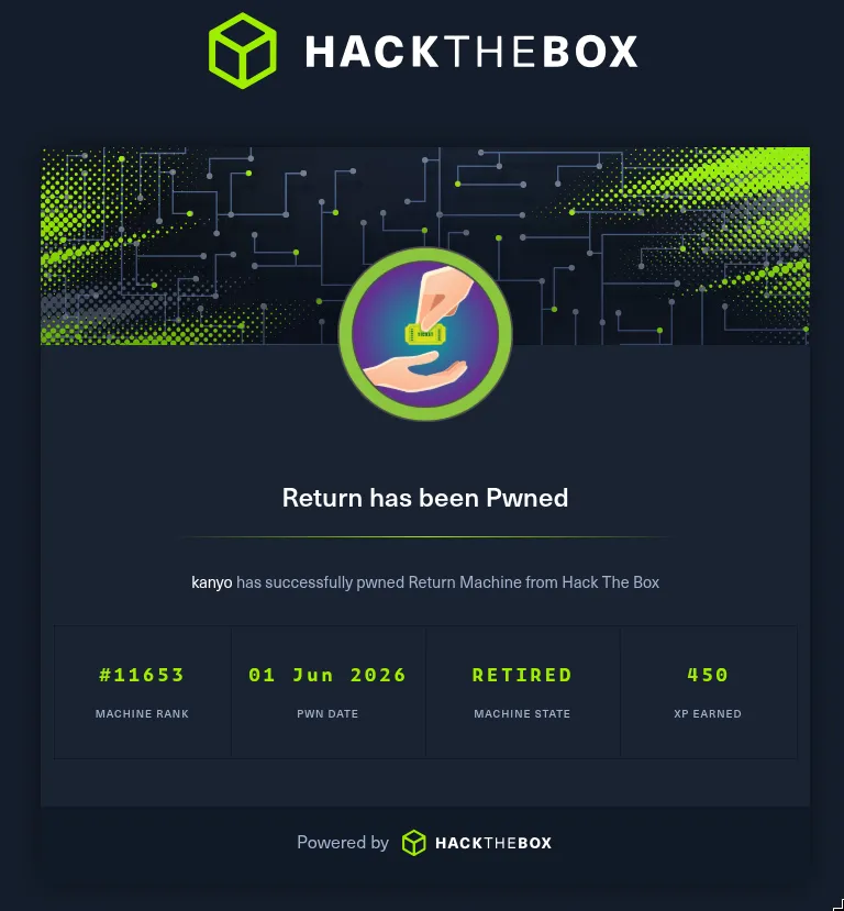 HTB Return has been Pwned by kanyo on 01 Jun 2026