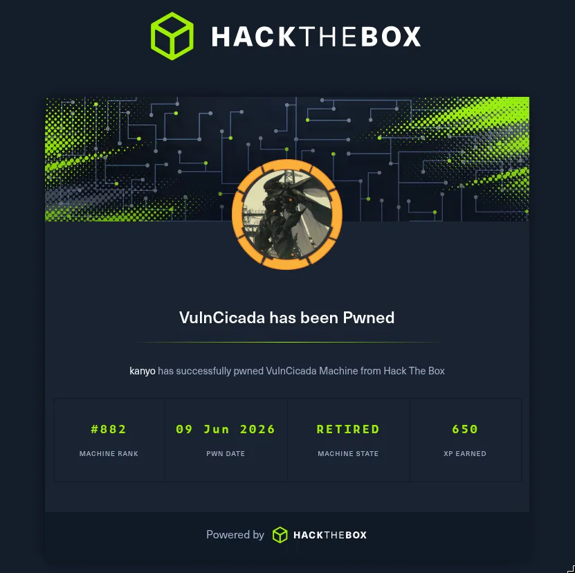 HTB VulnCicada has been Pwned by kanyo on 09 Jun 2026