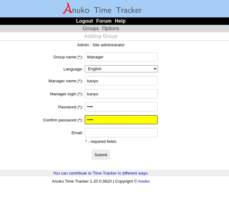 Anuko Adding Group form — creating a new Manager group as kanyo