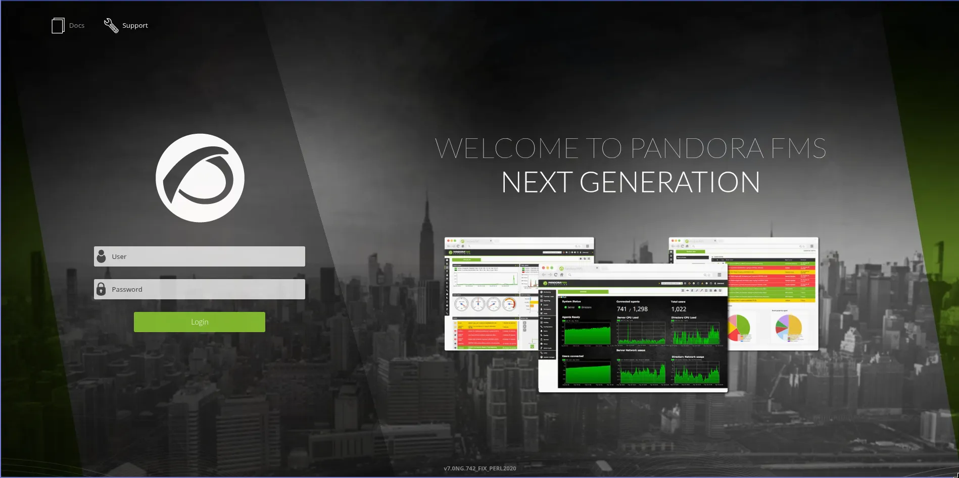 Pandora FMS "Welcome to Pandora FMS Next Generation" login page