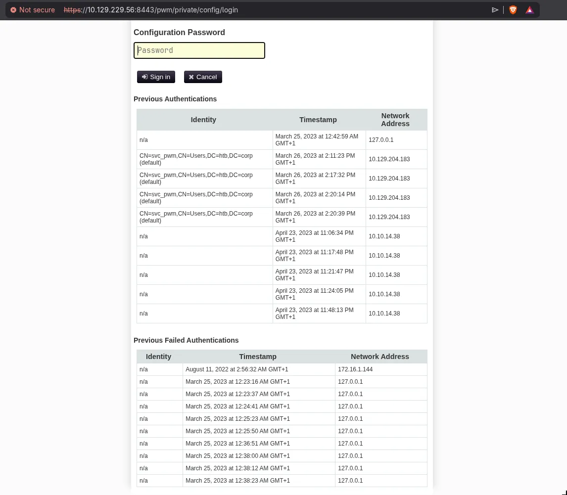 PWM Configuration Password login page at port 8443, showing previous authentication history with svc_pwm entries from authority.htb