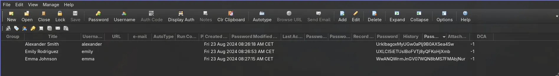 Password Safe database contents showing entries for Alexander, Emily, and Emma with plaintext passwords visible