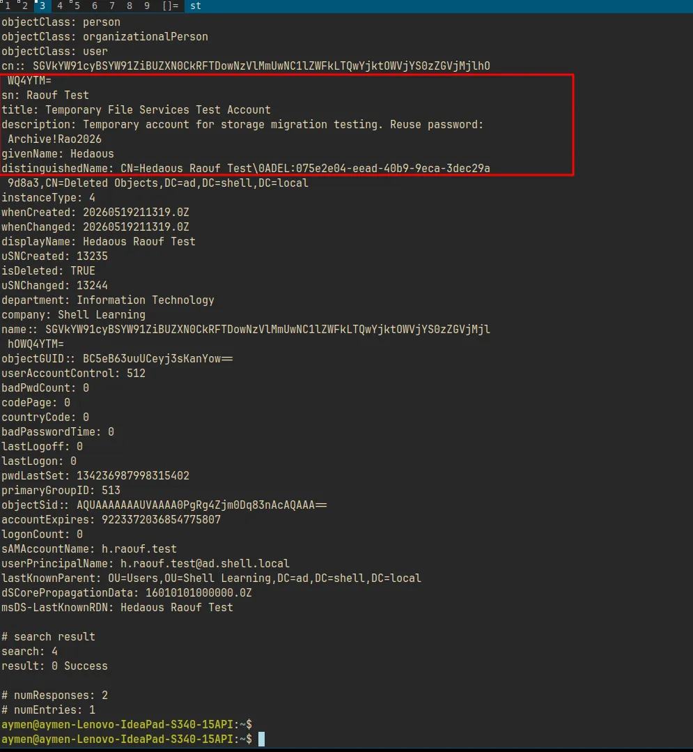 ldapsearch Deleted Objects showing h.raouf.test tombstone with password Archive!Rao2026 in the description field