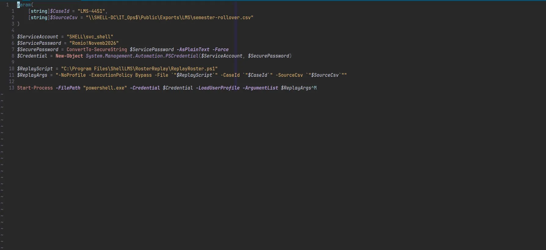 RosterReplay.ps1 showing $ServicePassword = "Romio!Novemb2026" for SHELL\svc_shell