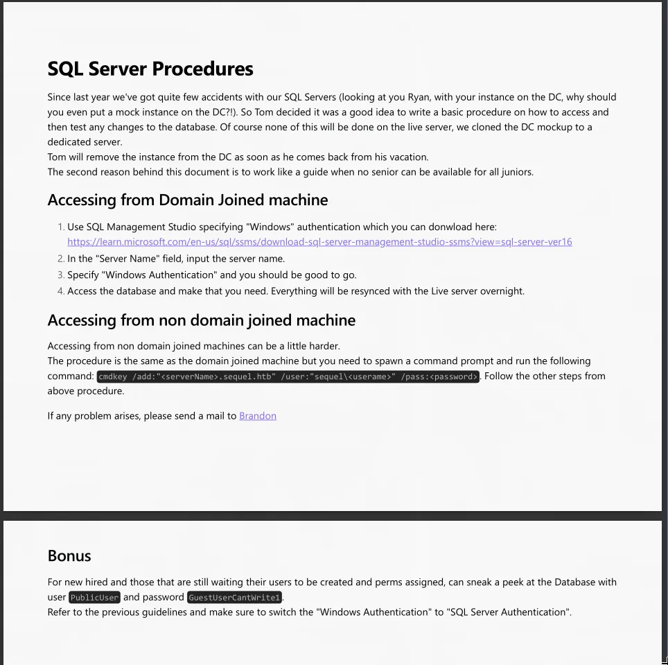 SQL Server Procedures PDF showing credentials PublicUser and GuestUserCantWrite1 for accessing the MSSQL service from non-domain machines
