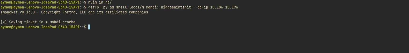 getTGT.py showing Kerberos TGT obtained for m.mahdi saved to m.mahdi.ccache