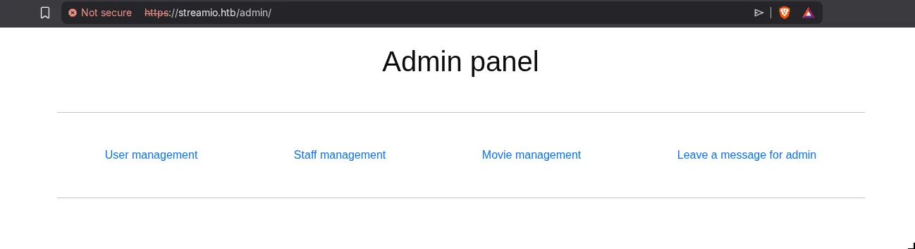 streamio.htb admin panel showing User management, Staff management, Movie management, and Leave a message for admin options