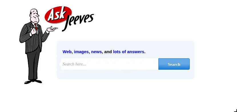The Ask Jeeves themed search page on port 80 with a search bar that redirects to a static error page