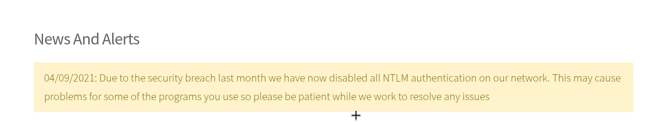 Scramble Corp intranet news and alerts section showing a 2021 notice that NTLM authentication has been disabled across the entire network due to a security breach
