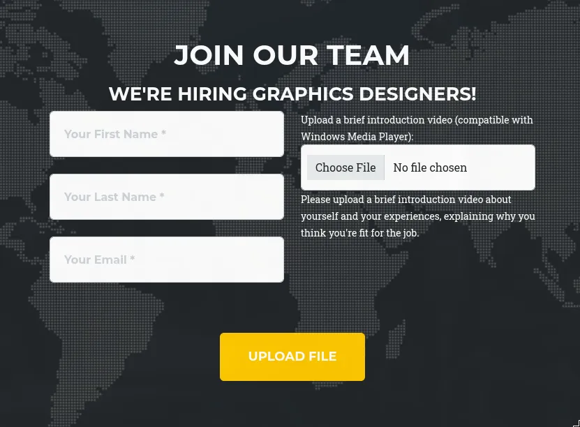 ProMotion Studio job application page with a file upload form asking for a Windows Media Player compatible video