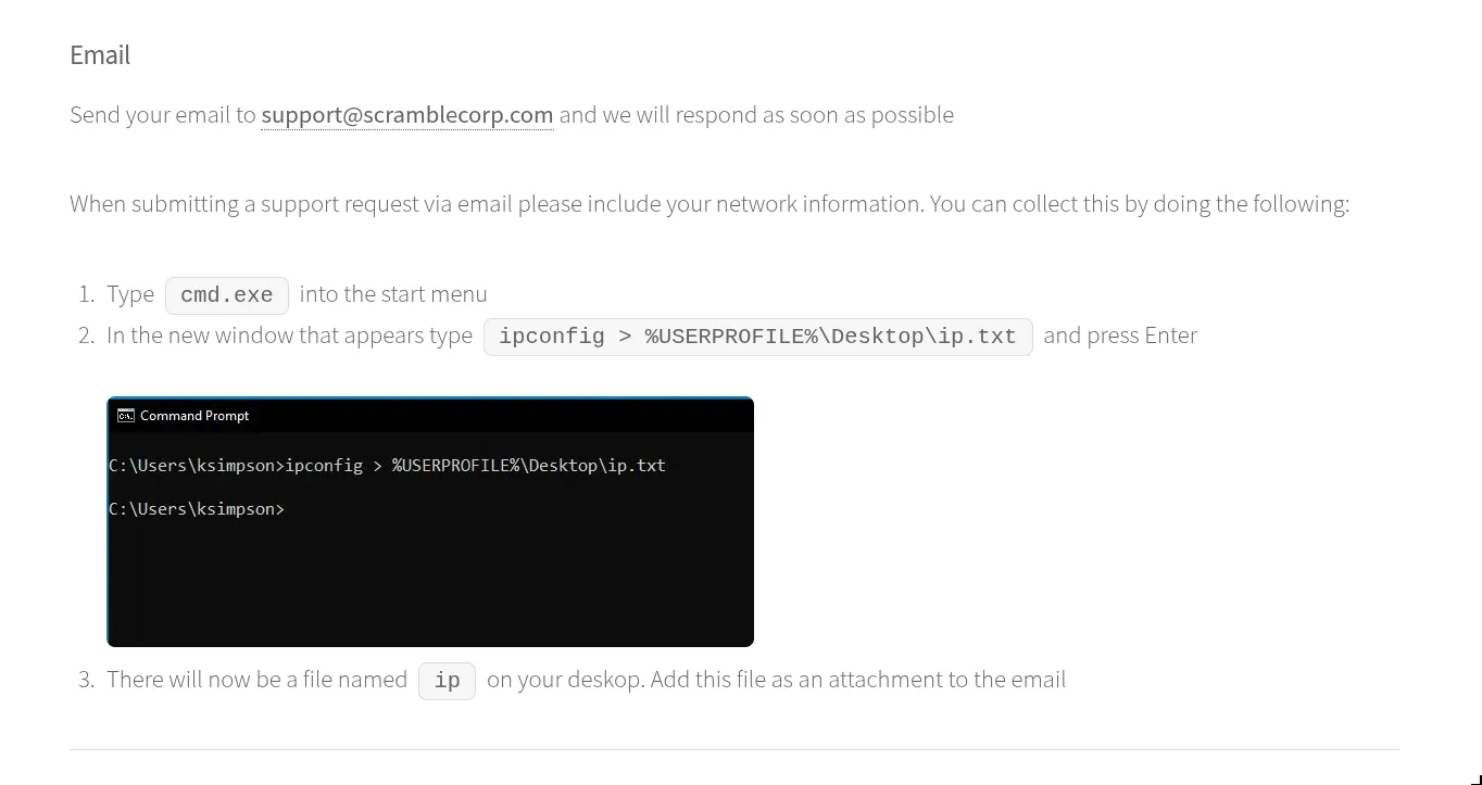 Scramble Corp support page showing a cmd.exe example with C:\Users\ksimpson> as the prompt, leaking the username