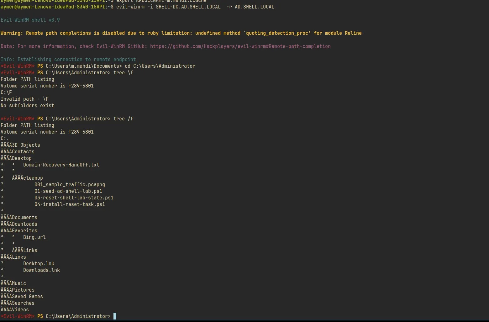 Evil-WinRM session as m.mahdi with Administrator desktop visible