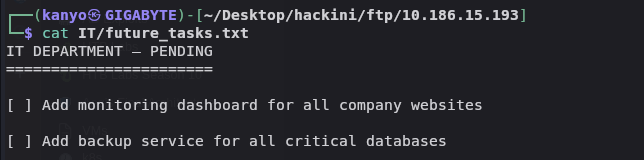 IT/future_tasks.txt from the FTP share showing pending tasks hinting at a monitoring dashboard and backup service