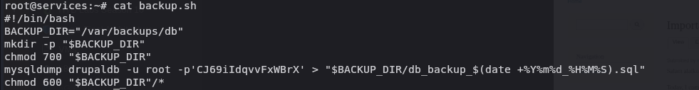 backup.sh showing mysqldump command with hardcoded root MySQL credentials