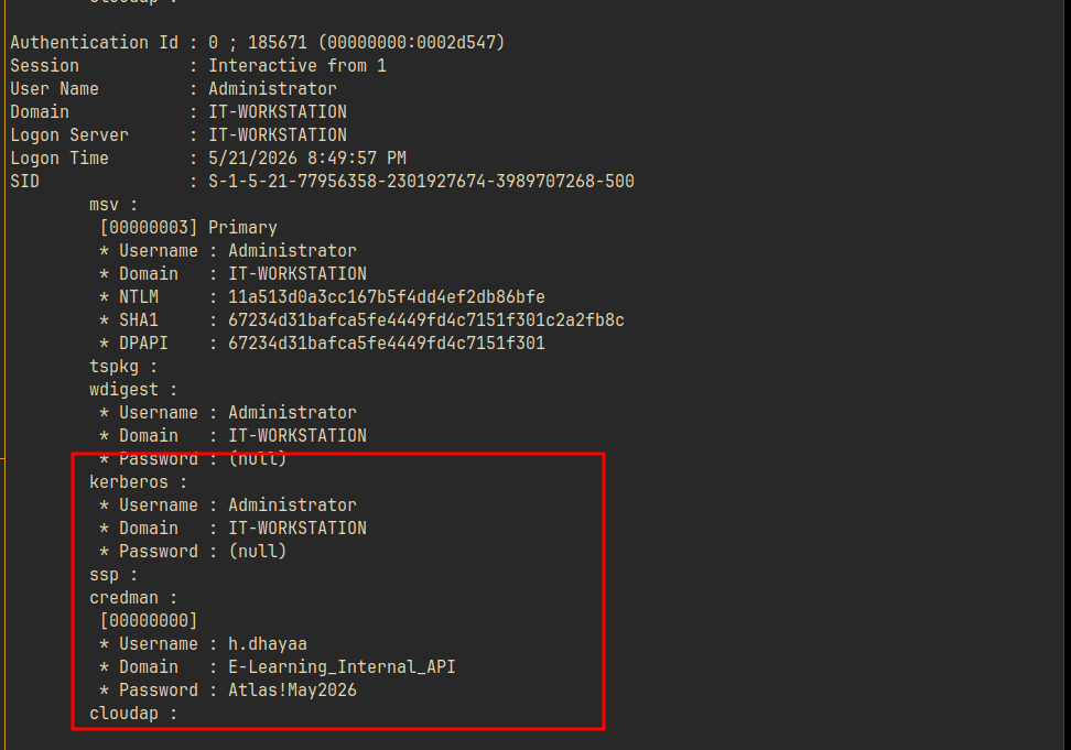 Mimikatz output showing Administrator NTLM hash and credman entry for h.dhayaa with cleartext password Atlas!May2026