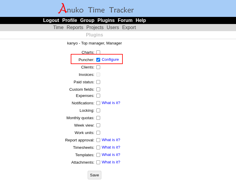 Anuko Time Tracker Plugins page showing Puncher enabled with Configure link highlighted