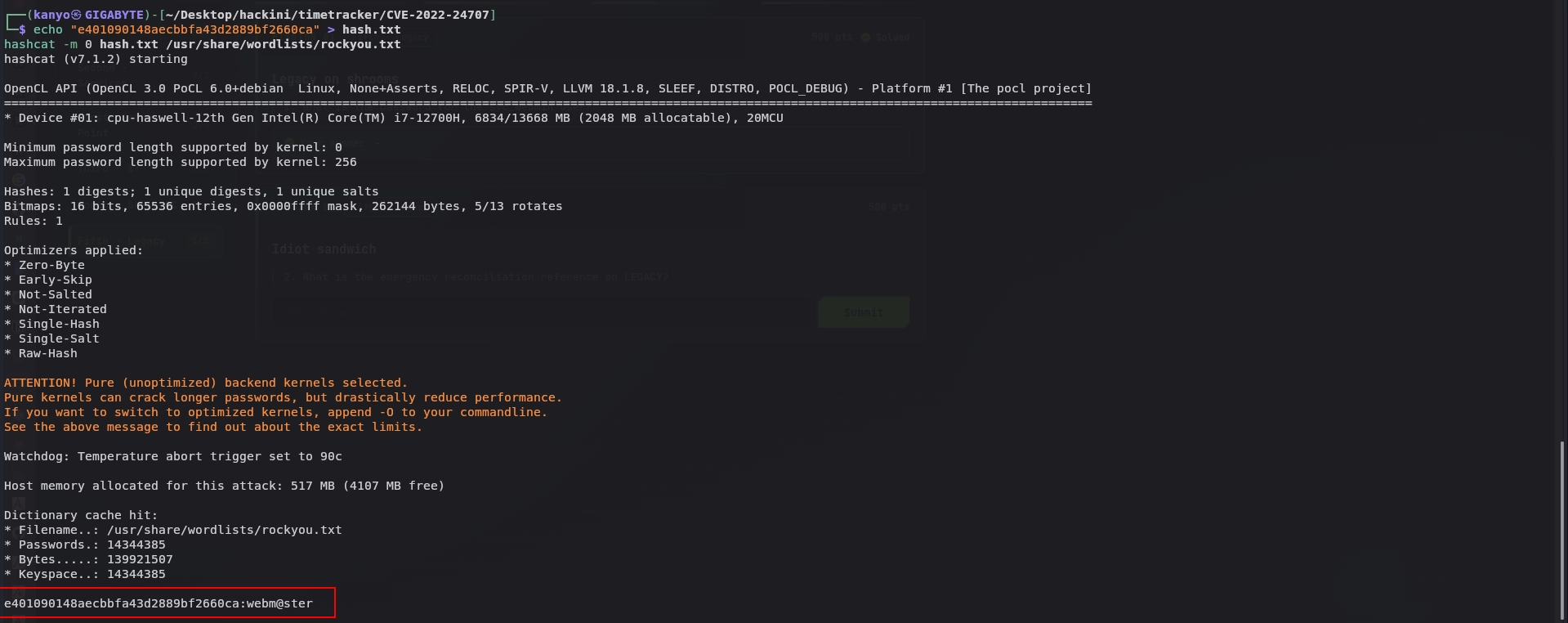 hashcat cracking the MD5 hash from the Anuko SQLi dump, result: webm@ster
