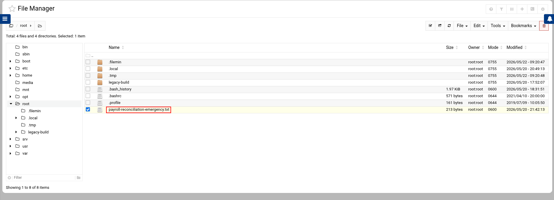 Webmin File Manager browsing root’s home directory with payroll-reconciliation-emergency.txt selected