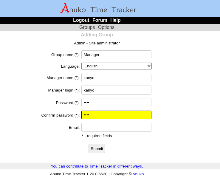 Anuko Adding Group form — creating a new Manager group as kanyo