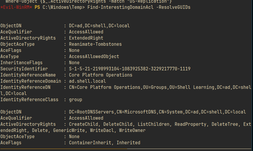 Find-InterestingDomainAcl output showing Reanimate-Tombstones ExtendedRight on DC=ad,DC=shell,DC=local granted to Core Platform Operations