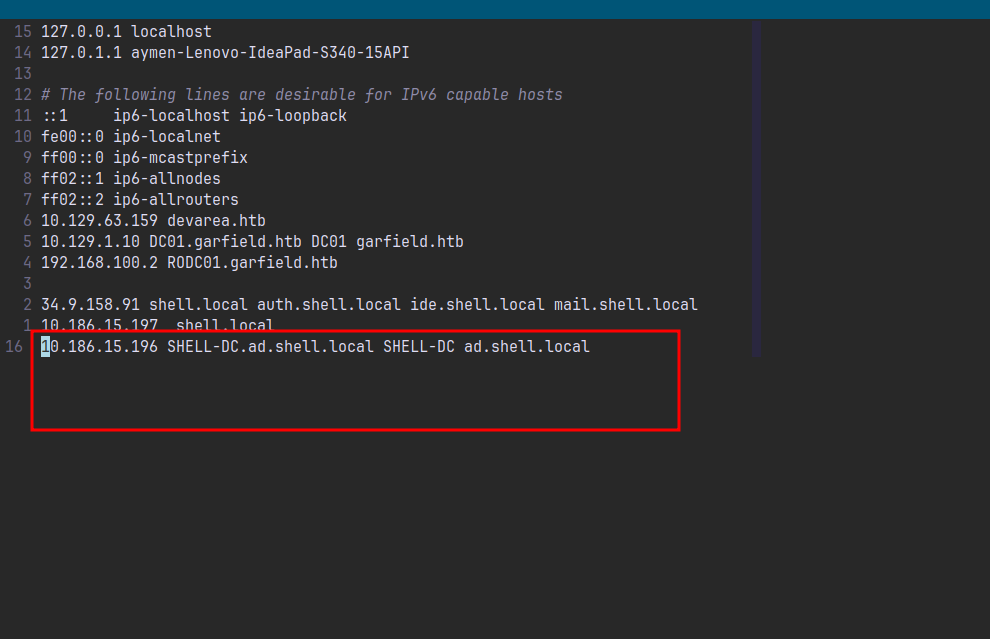 /etc/hosts showing 10.186.15.196 SHELL-DC.ad.shell.local entry highlighted