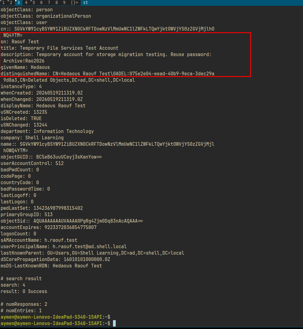 ldapsearch Deleted Objects showing h.raouf.test tombstone with password Archive!Rao2026 in the description field