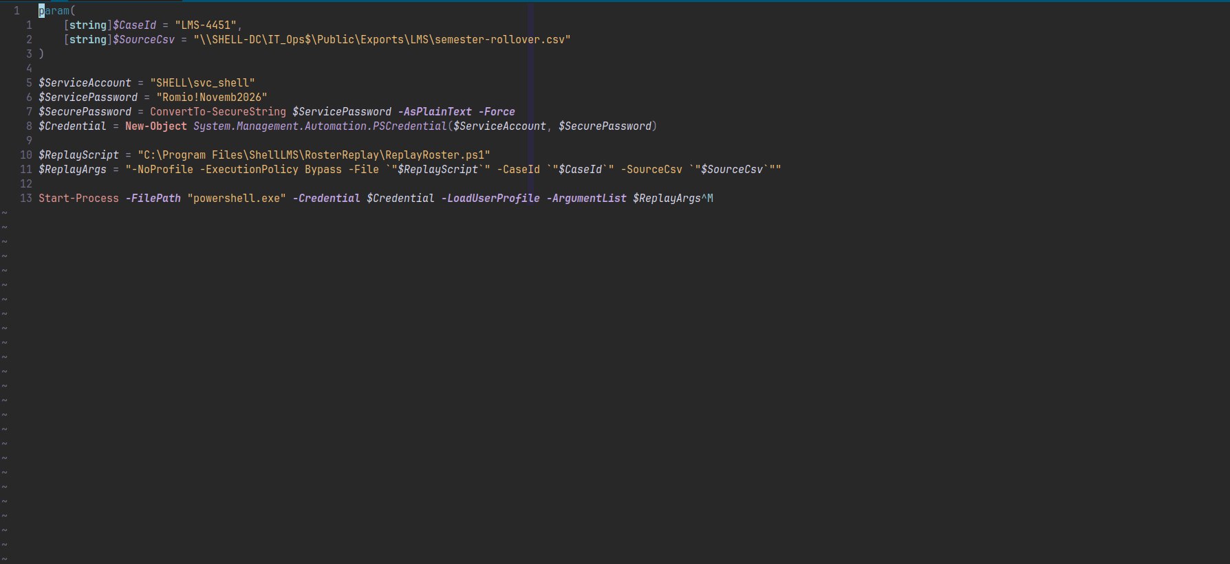 RosterReplay.ps1 showing $ServicePassword = “Romio!Novemb2026” for SHELL\svc_shell