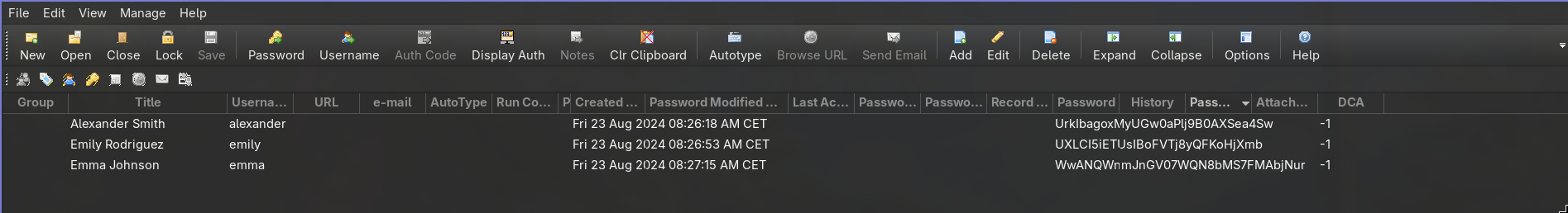 Password Safe database contents showing entries for Alexander, Emily, and Emma with plaintext passwords visible