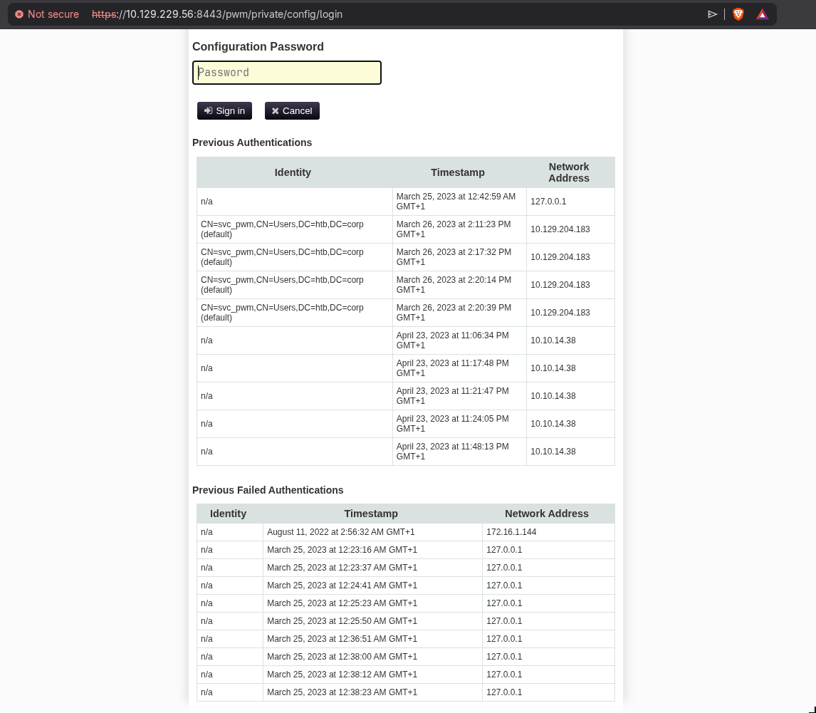 PWM Configuration Password login page at port 8443, showing previous authentication history with svc_pwm entries from authority.htb