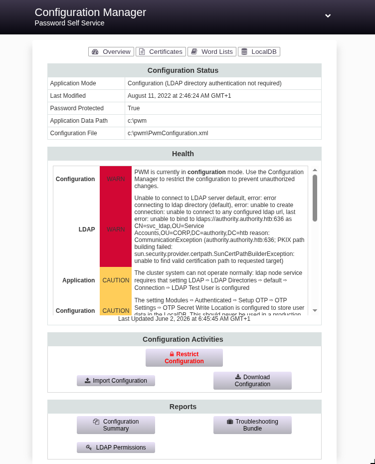 PWM Configuration Manager dashboard showing LDAP connection error warnings and Import/Download Configuration buttons
