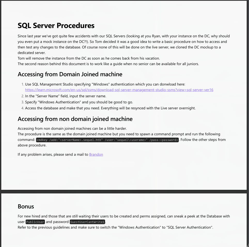 SQL Server Procedures PDF showing credentials PublicUser and GuestUserCantWrite1 for accessing the MSSQL service from non-domain machines
